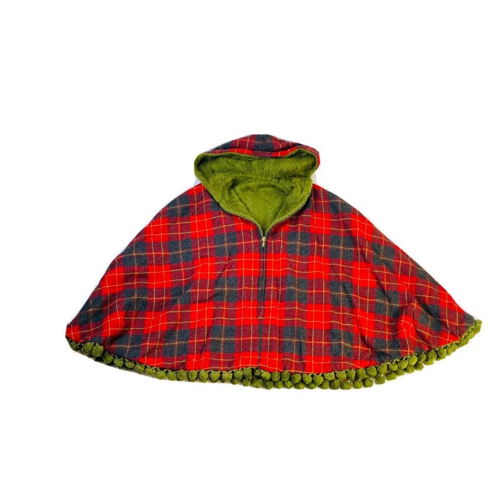 Vintage 1950s Buffalo Plaid Chenille Reversible Poncho Cape Coat - Picture 2 of 8